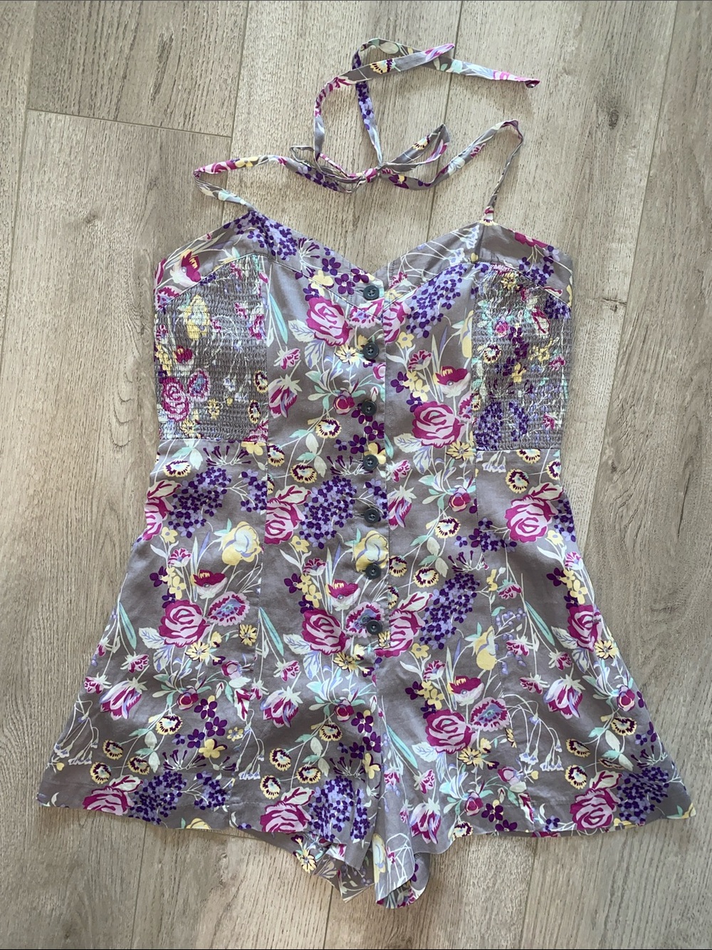 Charlotte Russe Floral Halter Romper in Gray, Purple, Pink
